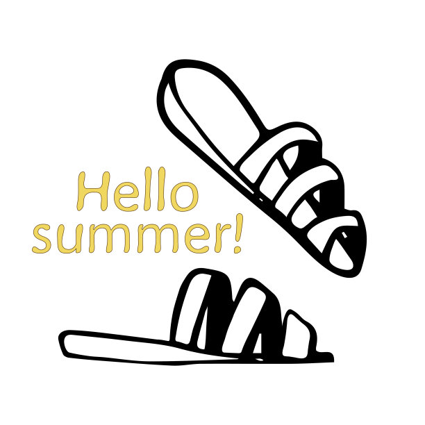 文字hello summer!拖鞋卡通,等距。夏天的鞋子，凉鞋，凉鞋，坡跟鞋。涂鸦风格手绘轮廓，孤立在白色背景，图标。象征、符号、图标。向量图片下载
