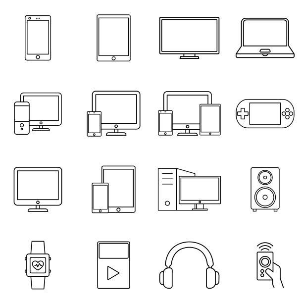 响应式网页设计图标的电脑显示器，智能手机，平板电脑和笔记本电脑。矢量线艺术插图，白色背景图片下载
