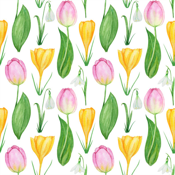 无缝图案与雪花莲，藏红花，郁金香，春天复活节花与绿色的叶子。织物纹理与雪花莲，郁金香手绘水彩插图在白色的背景。春天辛博尔图片下载