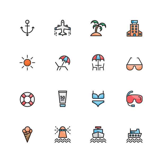 海滩图标设置矢量插图图片下载