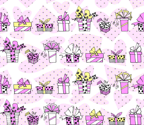 无缝模式与礼盒蝴蝶结和丝带。可爱的手绘涂鸦。概念包装纸，贺卡，圣诞节，包装，婚礼，生日，织物，情人节，母亲节图片下载