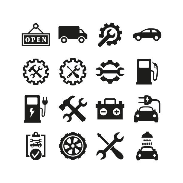 汽车服务和维修图标设置在白色背景。图片下载