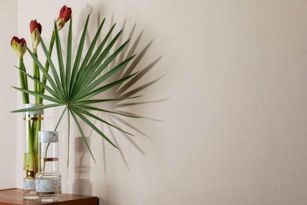 时尚和花卉构成美丽的鲜花在现代花瓶上复古的木制马桶与优雅的配件。花的概念与阴影的米色墙壁。室内设计。模板。图片下载