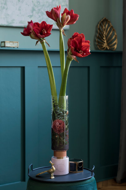 时尚和花卉组成的美丽的花在现代花瓶上天鹅绒蒲团与优雅的配件和家具。客厅的花朵概念。绿色的墙。室内设计模板图片下载