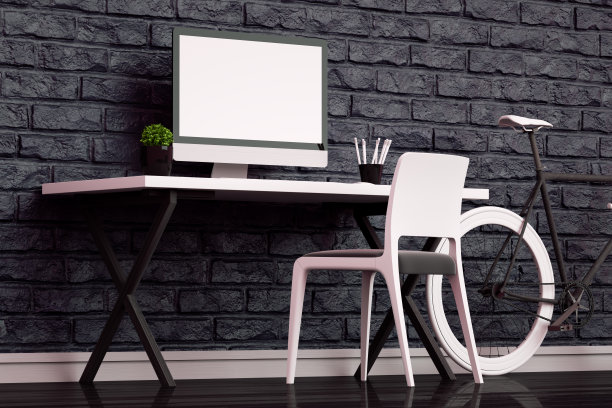3D抽象工作场所与黑屏显示器在现代室内图片下载