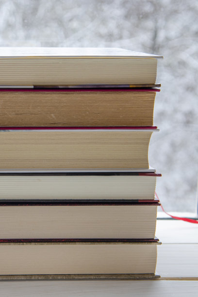 白色的木书架上放着许多彩色的书，背景是冬天的森林图片下载