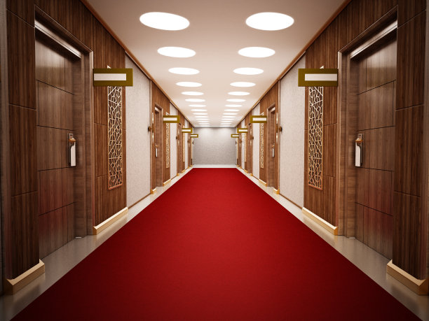 酒店房间的门通向铺着红地毯的走廊图片下载