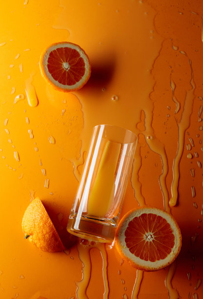 橙汁配以橘色背景的水果。图片下载