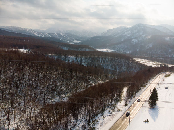 北海道的山坡上有树木，路旁有一辆汽车，在初冬的时候，照片中是电力线图片下载