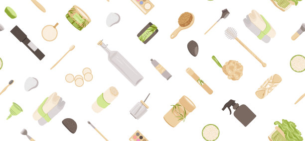 零废物向量无缝模式，极简主义风格，可重复利用和回收零废物产品-垫，盒，炭牙刷，天然肥皂等。环保可重复的模式。图片下载