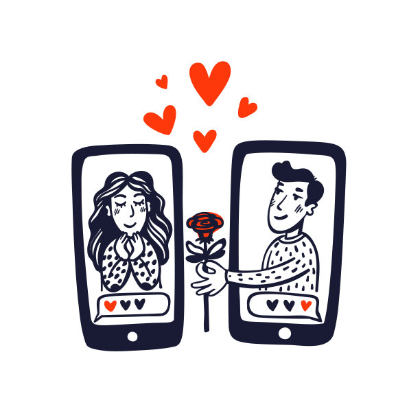网上约会的概念。年轻的男人和女人在手机屏幕上。男人给女人一朵花。用手机应用程序寻找爱情的概念。涂鸦风格的矢量插图。图片下载