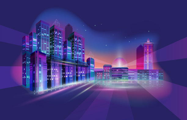 现代城市夜景全景局部矢量图素材图片