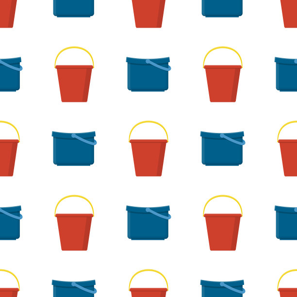 无缝图案与塑料红色和蓝色桶空或与水在白色背景。卡通风格。矢量插图设计，网页，包装纸，织物，墙纸。图片下载