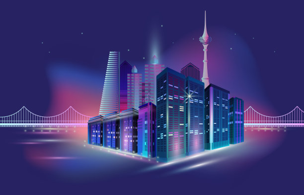 霓虹灯光下的城市夜景全景矢量图素材图片