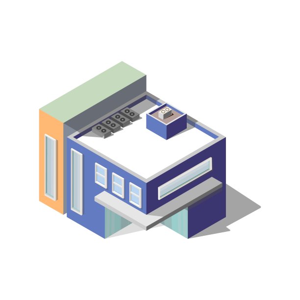 带天篷的蓝色房子。办公中心。建筑在等距样式图片下载