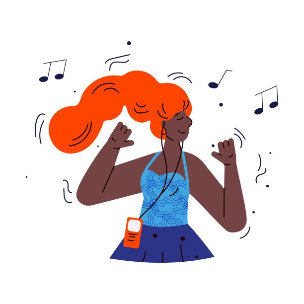 年轻女子用智能手机听音乐素描卡通矢量插图。图片下载