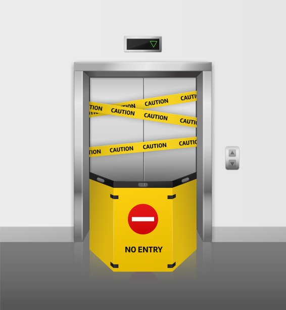 破碎的电梯。真实的故障升降机关闭维修或维护与警告黄色条纹和警告标志矢量概念图片下载
