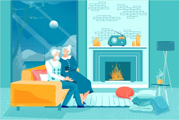 爱的老夫妇在电台听音乐。图片下载