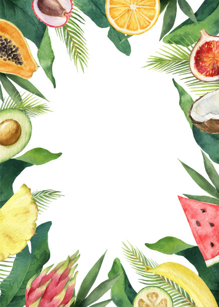 水彩矢量构成的绿色热带树叶和水果图片下载