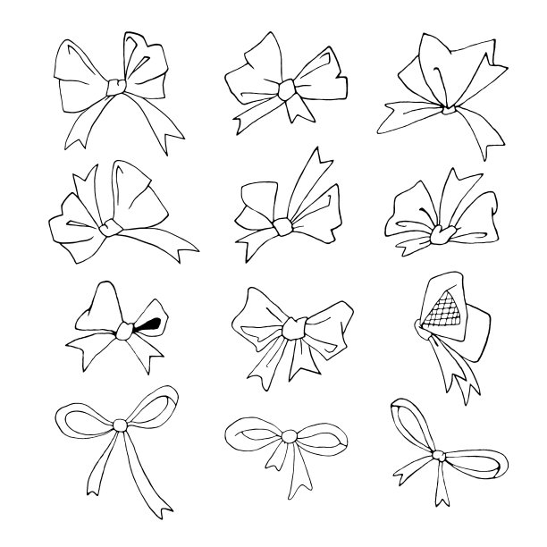 套轮廓轮廓蝴蝶结丝带。涂鸦，线条，涂色本，手绘。简单的插画为复活节，圣诞节，生日，情人节，婚礼，节日，女孩。设计元素，剪辑艺术图片下载