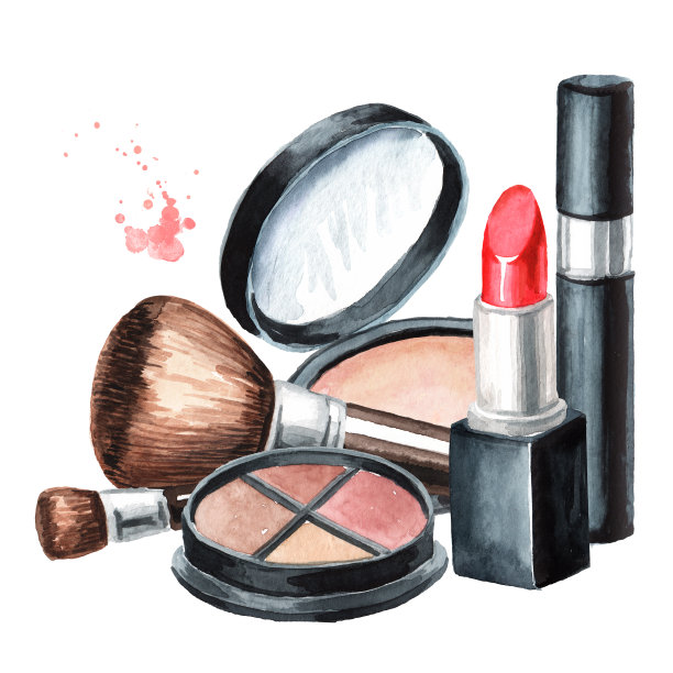 口红，眼线笔，刷子，海绵，睫毛膏，粉底和粉。化妆的概念。手绘水彩插图，孤立的白色背景图片下载