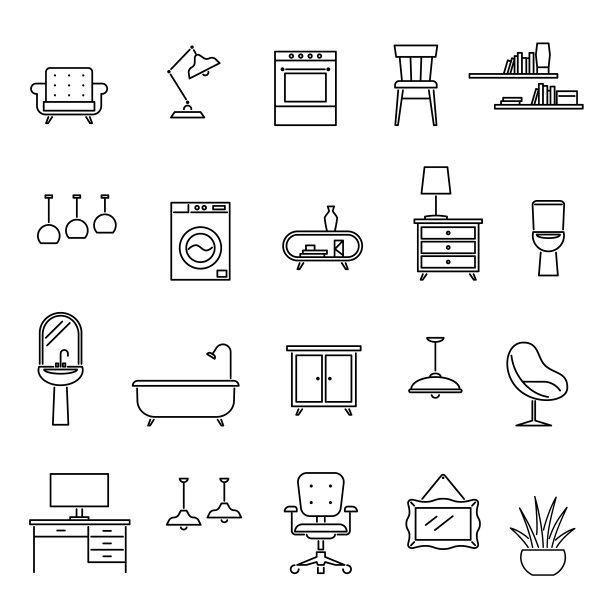 线家具。客厅室内设计图标，沙发和桌子，扶手椅和洗衣机，水槽和灯，书桌和烤箱时尚矢量集图片下载