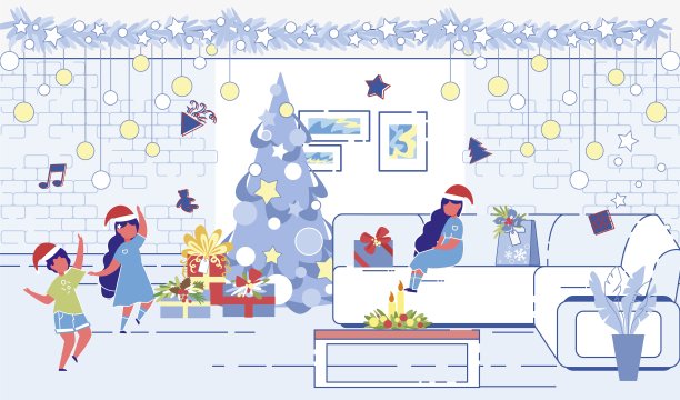 孩子们在装饰圣诞树周围玩耍图片下载