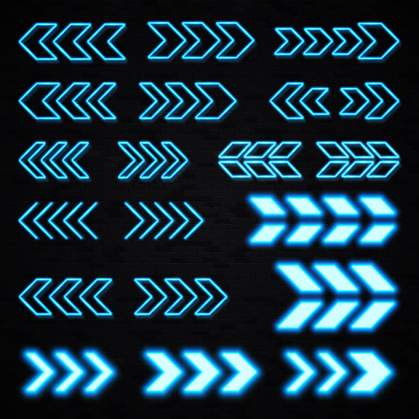 蓝色霓虹3d箭头设置在黑色砖墙的背景。发光的led灯标志显示左右方向。照明轮廓指针符号在夜间酒吧霓虹灯风格。明亮的矢量图。素材图片