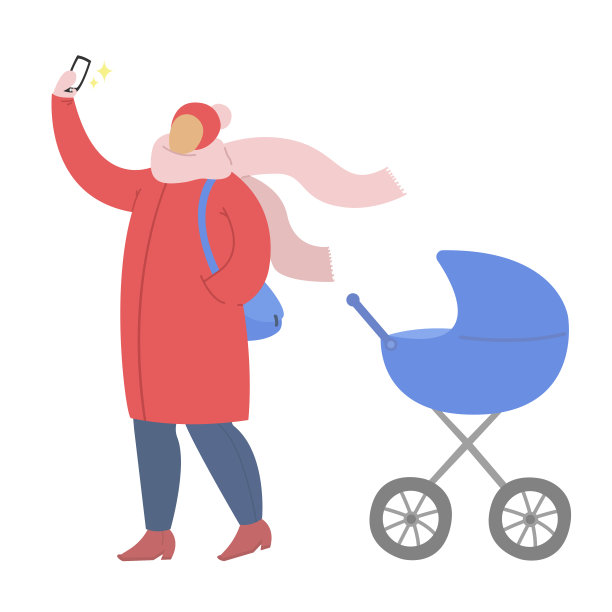 一位年轻的母亲在和她的孩子散步时自拍，一位推着婴儿车的妇女图片下载