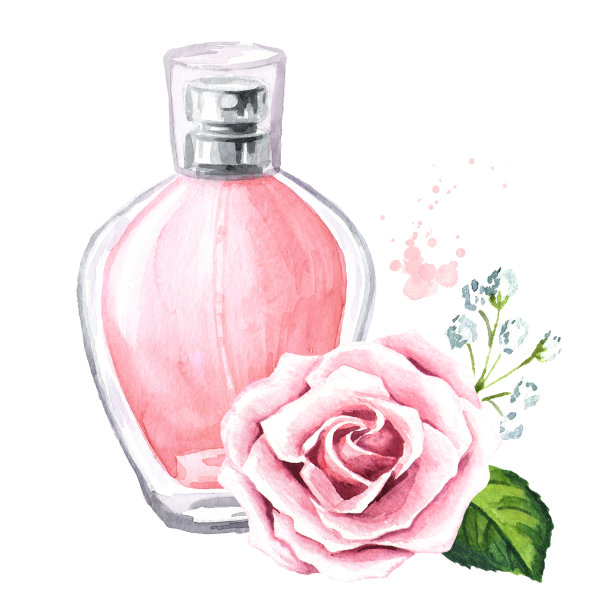 香水瓶和玫瑰花。美丽的概念。手绘水彩水平插图，孤立在白色背景图片下载