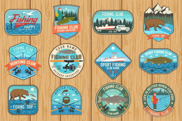 一套钓鱼补丁。向量。概念衬衫或，印花，邮票，t恤，补丁。复古的排版设计与渔人，河流，虹鳟鱼，熊和山轮廓。图片下载