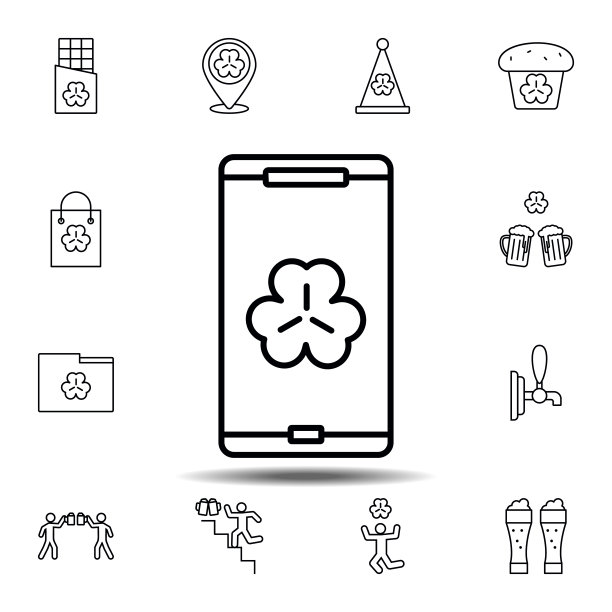 智能手机三叶草图标：圣帕特里克节UI/UX细线元素图片下载