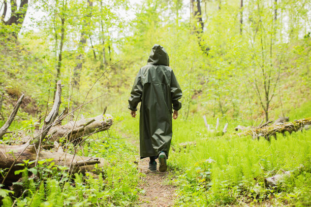 在潮湿的森林背景下，穿着雨衣的人在行走。健康的生活方式。绿色的夏天自然。穿着雨衣的人。雨在森林。黑暗的雨衣。极端的假期。夏日自然之旅。图片下载