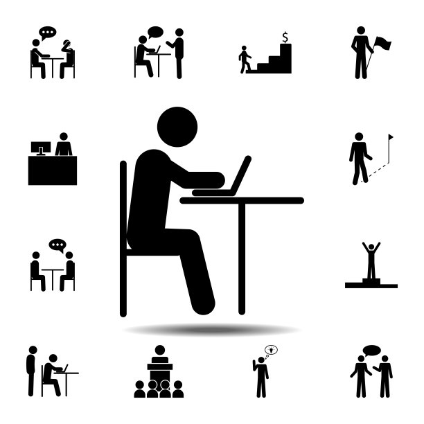 电脑图标后面的男人。简单的字形，平面矢量元素的人图标设置为用户界面和用户体验，网站或移动应用程序图片下载