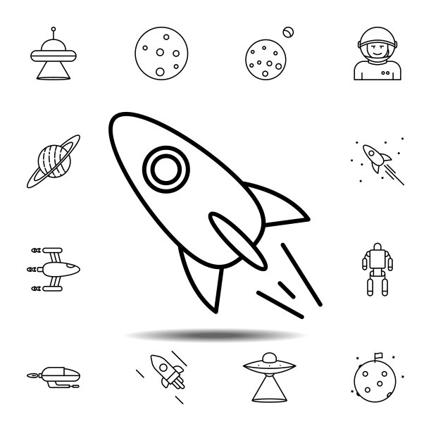 飞，火箭，太空图标。简单的细线，轮廓矢量元素的空间图标设置为用户界面和用户体验，网站或移动应用程序图片下载