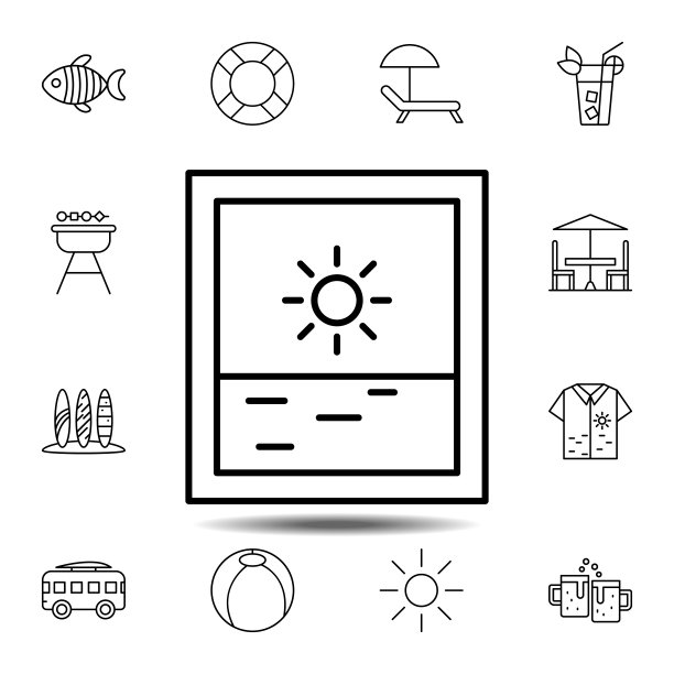 窗户，大海，太阳图标。简单的细线，轮廓矢量元素的夏季图标设置的用户界面和用户体验，网站或移动应用程序图片下载