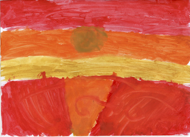 儿童用水彩颜料作画。海面上阳光灿烂的黎明图片下载