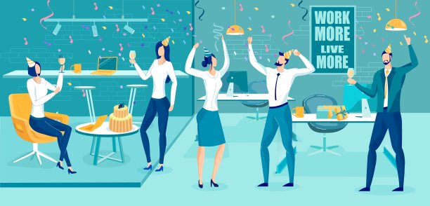 公司办公室团结的团队庆祝生日。图片下载