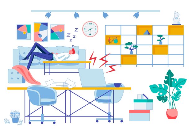工作时睡觉，休息室平面矢量插图图片下载