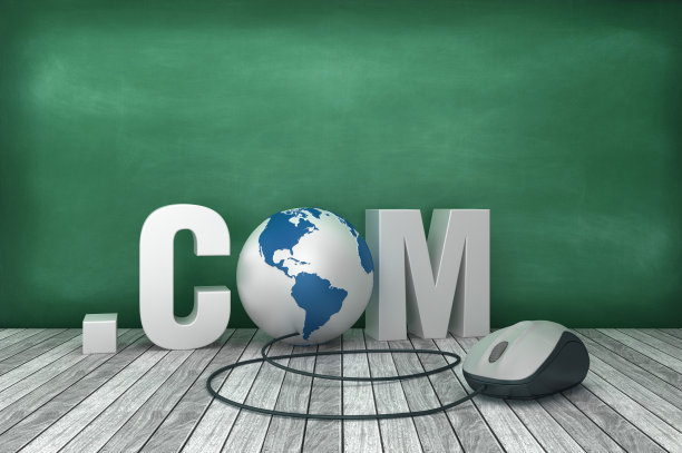 3D Word。com与全球世界和电脑鼠标在黑板背景- 3D渲染图片下载