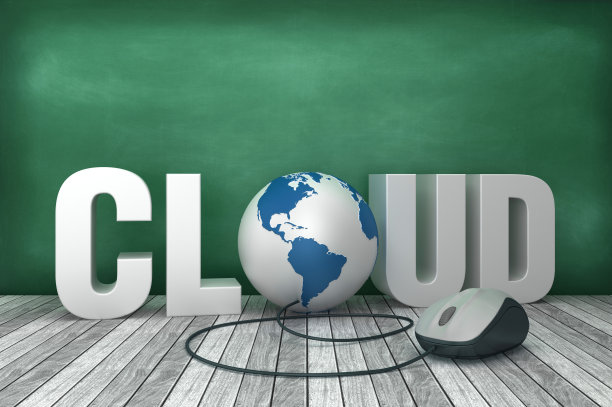 3D字云与全球世界和电脑鼠标在黑板背景- 3D渲染图片下载