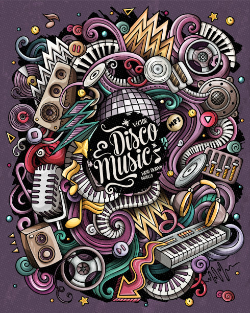 卡通矢量涂鸦迪斯科音乐插图。色彩鲜艳的音乐画面图片下载