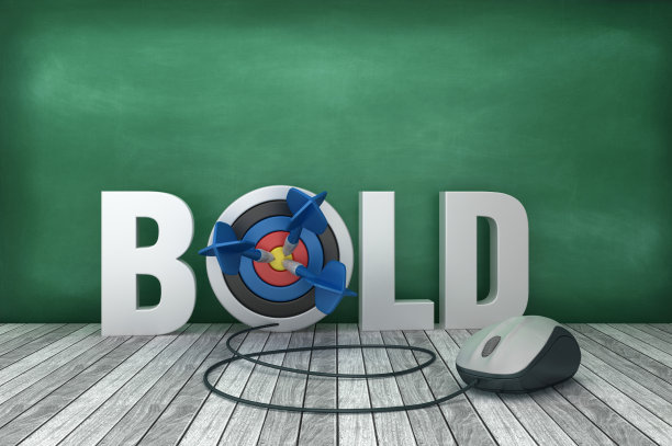 3D单词粗体与目标和电脑鼠标在黑板背景- 3D渲染图片下载