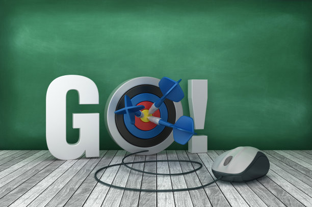 3 d字去!与目标和电脑鼠标在黑板背景- 3D渲染图片下载