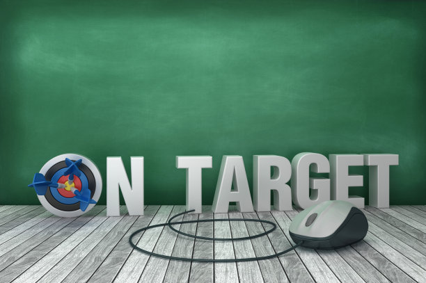 3D单词上的目标与目标和电脑鼠标在黑板背景- 3D渲染图片下载
