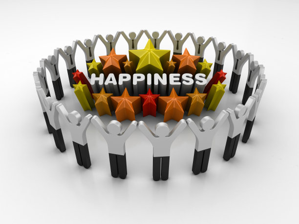 象形文字团队和彩色星星与幸福字- 3D渲染图片下载