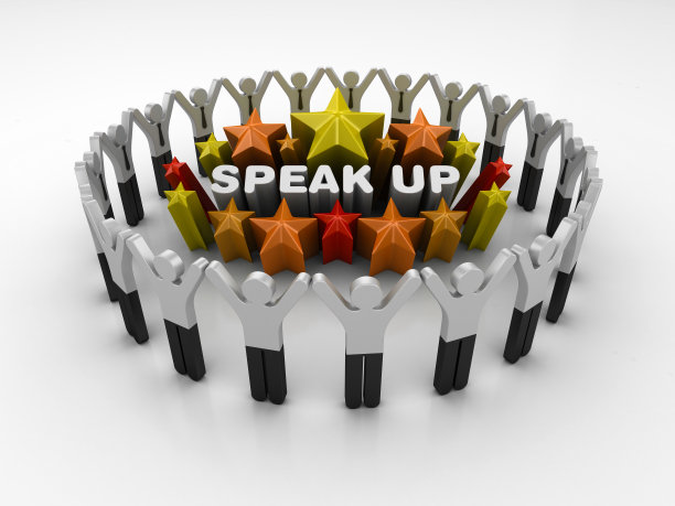 象形文字团队和彩色星星与SPEAK UP Word - 3D渲染图片下载