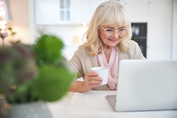 美丽的微笑老太太看着笔记本电脑屏幕在家里图片下载