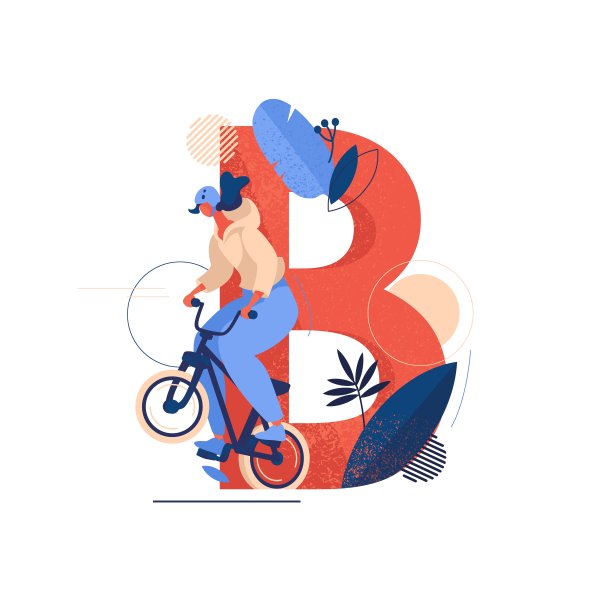 字母B矢量概念：年轻女孩在BMX自行车上跳跃。运动和健康生活方式插图，在白色背景上以鲜艳的色彩隔离素材图片