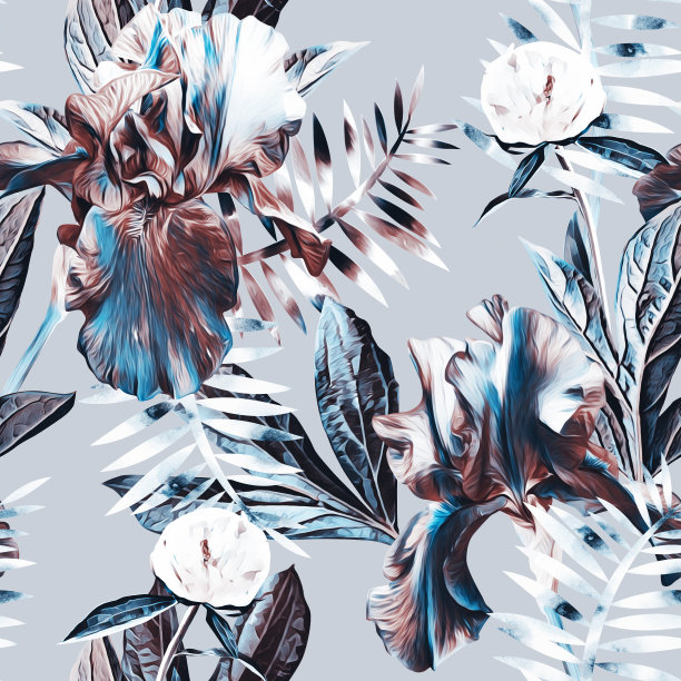 鸢尾和牡丹花，图案无缝。图片下载